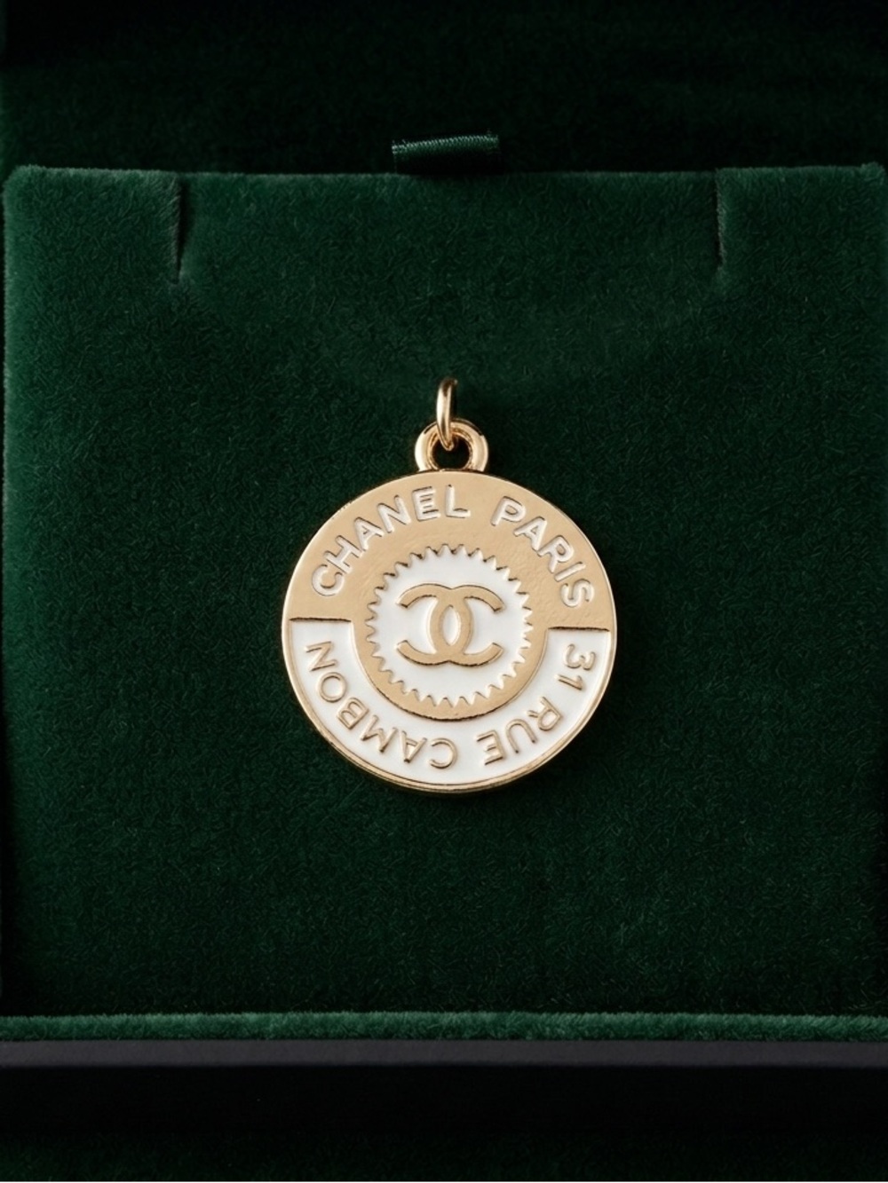 ChaneI Gold and White Round Interlocking C Medallion Pendant